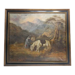 19th Century English or German Landscape Oil Painting With Man and His Horse