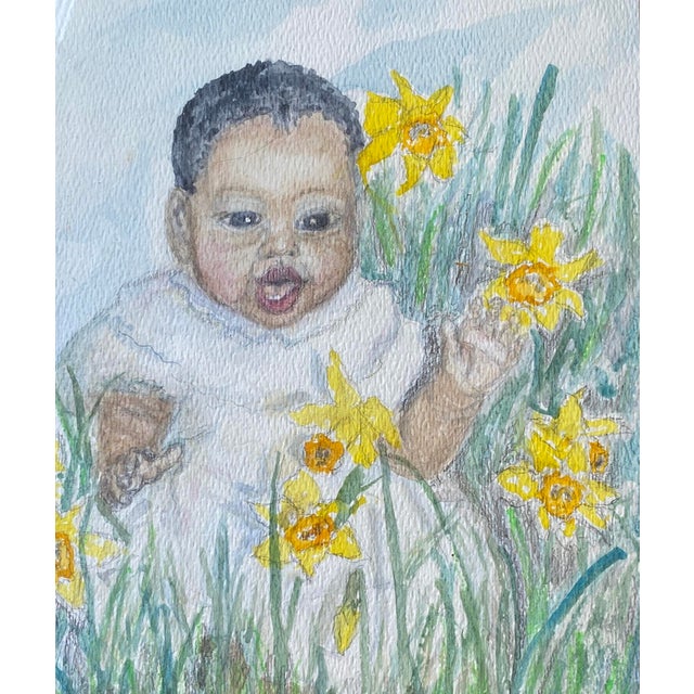 April Among the Daffodils Watercolor of April, an Afro-American. Black toddler in her Easter best delightedly playing...