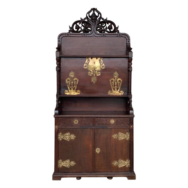 Late 19th Century Arts & Crafts Oak Sideboard with Dry Bar Top and Cupboard in Oak, Bronze & Brass For Sale - Image 15 of 18