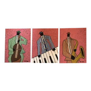 Contemporary Folk Artist B.D.Floyd Paintings Piano/Bass/Sax Man -Set of 3