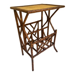 Vintage Burnt Bamboo Side Table With Magazine / Album Rack For Sale