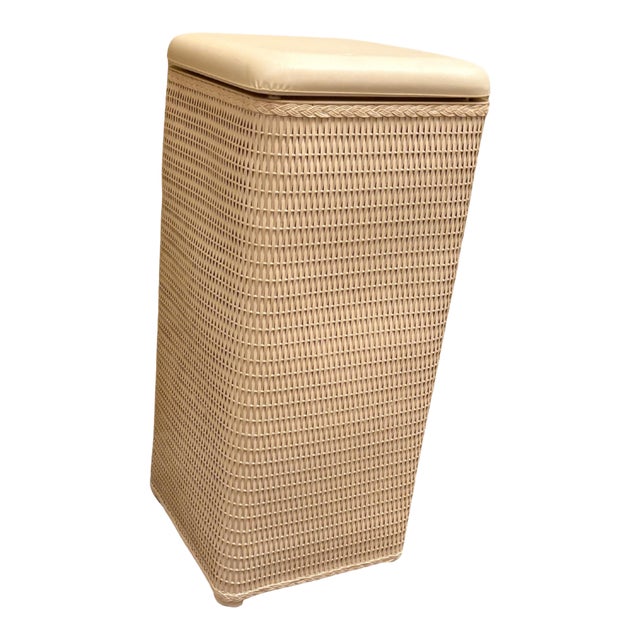 Vintage Lamont Slim Apartment Hamper Wicker-Style Vinyl Padded Top With Hinged Lid For Sale