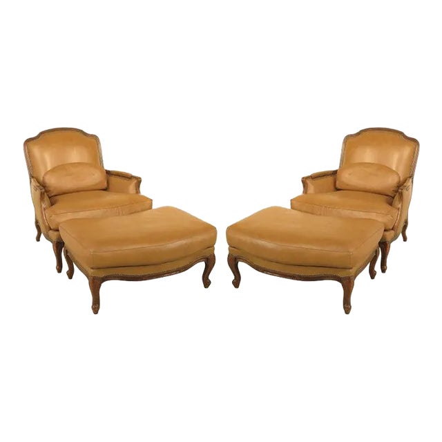 Classic French Louis XV Style Leather Bergères with Ottomans - 2 Sets For Sale