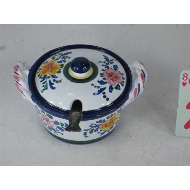 Late 20th Century Jelly / Jam Pot Italy, Hand Painted Art Pottery, Slotted Lid for Spoon & Handles For Sale - Image 10 of 12
