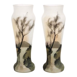 Pair of Early 20th Century Frosted Glass Vases With Hand-Painted Landscapes For Sale