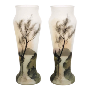 Pair of Early 20th Century Frosted Glass Vases With Hand-Painted Landscapes