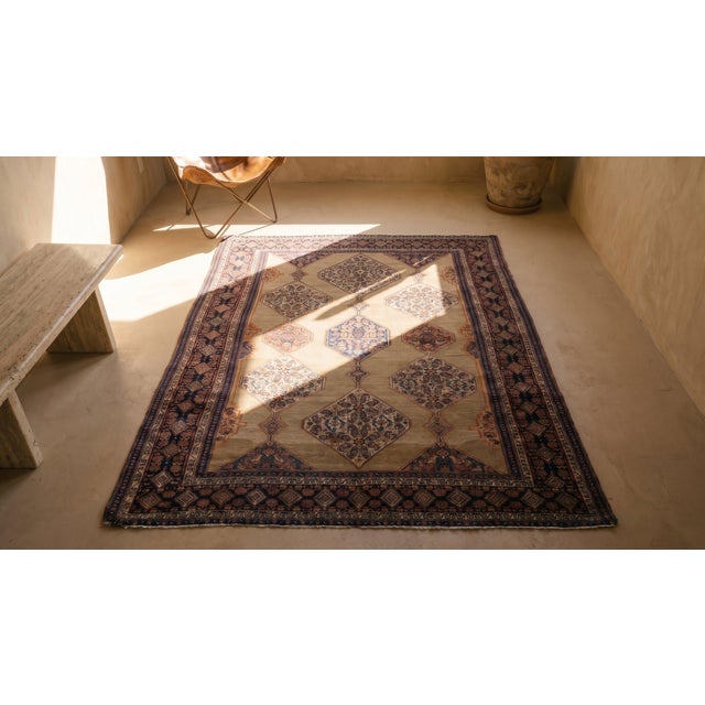 Textile 1890s Tan Camel Diamond Antique W. Persian Senneh Rug 4'8" X 6'6" Handknotted Wool Carpet For Sale - Image 7 of 9