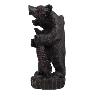 Vintage Japanese Wood Carving of Ainu Bear Holding Fish, Japan, 1950 For Sale