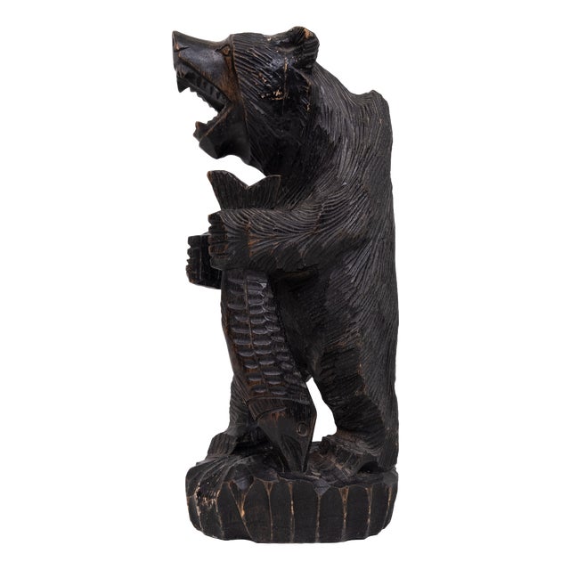 Vintage Japanese Wood Carving of Ainu Bear Holding Fish, Japan, 1950 For Sale