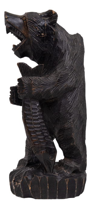 Vintage Japanese Wood Carving of Ainu Bear Holding Fish, Japan, 1950