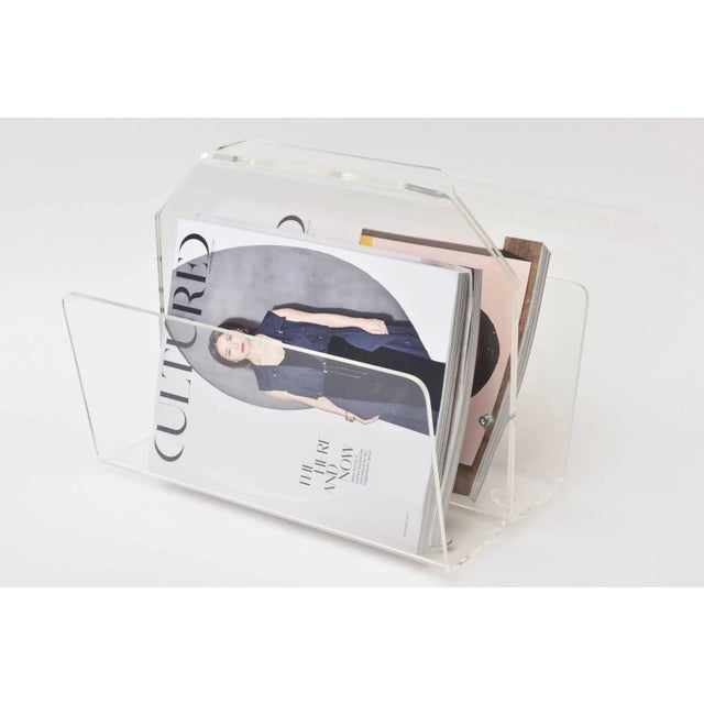 Vintage 1970's Lucite Two Compartment Magazine Holder or Stand With Handle For Sale - Image 10 of 11