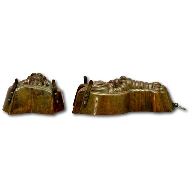 Rare & Unusual Small Size Matching Pair Early 1900s Antique Germany Solid Copper Lobster Kitchen Molds - 6 1/2 Inches Long For Sale - Image 15 of 18