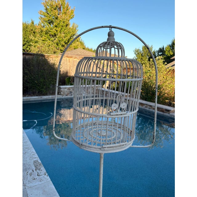 Early 20th Century Antique White Wicker Birdcage on Metal Stand Sunroom Garden Decor For Sale - Image 5 of 12