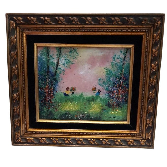Contemporary Late 20th Century Cardin Framed Painting of Children Exchanging Flowers Sunset Copper Enameled Golden Hour For Sale - Image 3 of 8