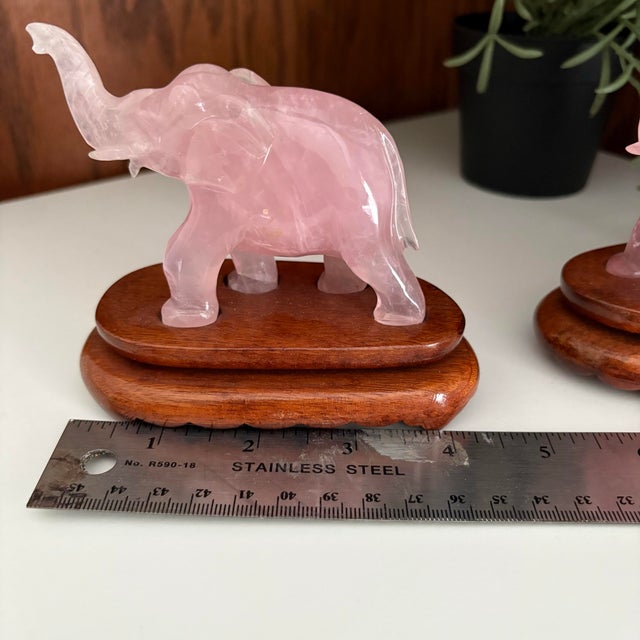 Late 20th Century Vintage Rose Quartz Carved Elephants on Stands - A Pair For Sale - Image 5 of 10