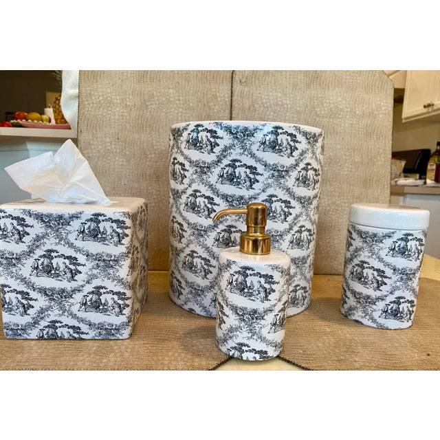 1980s Labrazel Ceramic Bath Set, Black/Cream Toile Made in Italy, Wastebasket, Tissue Holder, Soap Dispenser, Covered Jar - 4 Piece Set For Sale In New York - Image 6 of 8