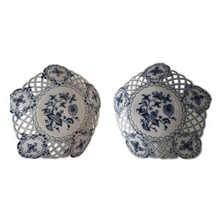 Two Antique Meissen Blue Onion reticulated serving dishes with crossed swords hallmark For Sale