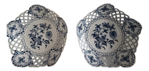 Two Antique Meissen Blue Onion reticulated serving dishes with crossed swords hallmark