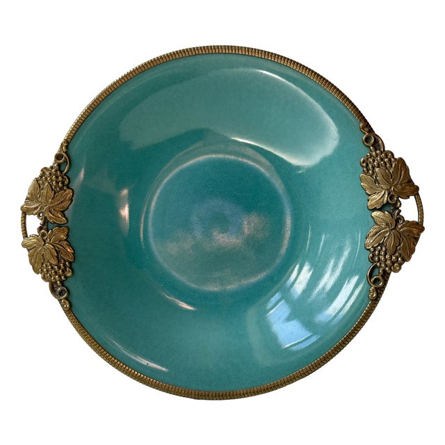 Art Deco Ceramic Dish in Turquoise Green Glaze & Brass from Christian Jensen, 1930s For Sale