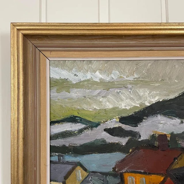 Paint 1950s Mid-Century Swedish Modernist Winter Townscape Oil Painting "Odenslund" by Bo Olsson Perman For Sale - Image 7 of 14