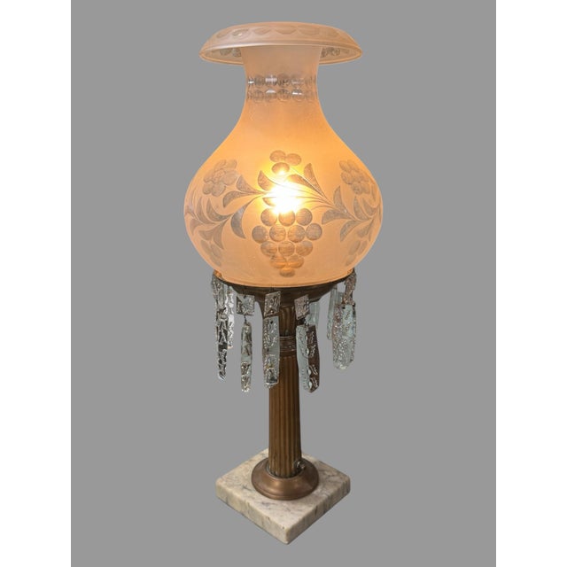 Antique Victorian Gilt Metal Astral Solar Lamp Frosted Grape Etched Shade With Prisms For Sale - Image 10 of 11