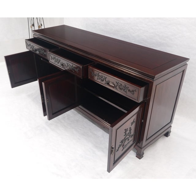 Asian Mid Century Modern Carved 4 Doors 3 Drawers Credenza Dark Solid Teak MINT For Sale - Image 15 of 16