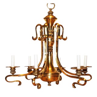 Vintage Scrolling Arm Solid Brass 6-Light Chandelier For Sale