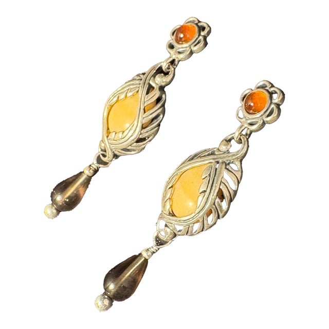 Mid 20th Century Pair of Sterling Silver Dangle Pierced Earrings Amber & Yellow Gemstone Relios .925 For Sale