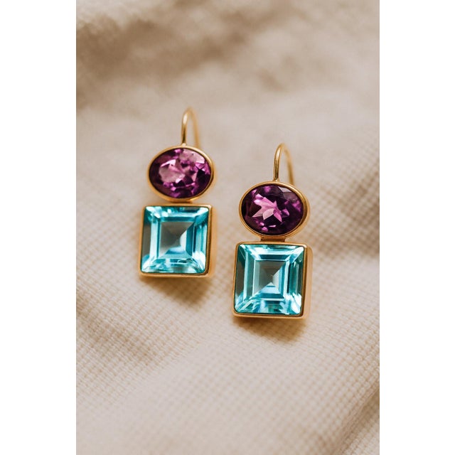Topaz and amethyst 14k gold earrings. Red and purple gemstones earrings. Casual earrings with natural gemstones. Metal:...
