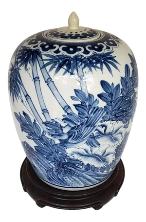 Vintage Mid 20th Century Chinese Blue and White Porcelain Ginger Jar With Birds