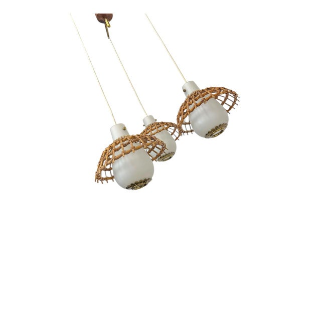 Vintage Rattan Bamboo and Opaline Glass Cascade Lamp, 1960s For Sale - Image 9 of 13