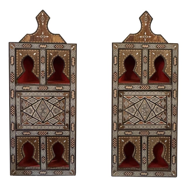 Vintage Marquetry Wood Inlay Corner Style Decor Shelf, 2 Pieces For Sale