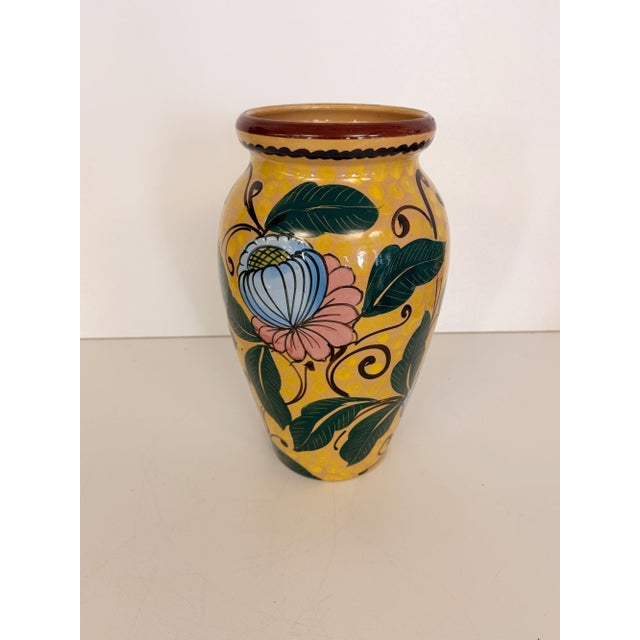 Mid-Century Modern Art Deco Yellow Glazed Earthenware Vase with Floral Motifs, Italy, 1930s For Sale - Image 3 of 10