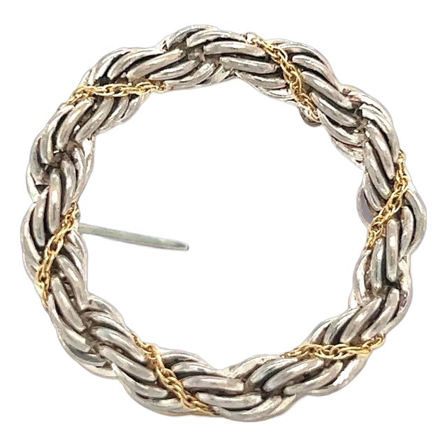 1990s Tiffany & Co Estate Circle Wreath Brooch 18k G + Silver For Sale