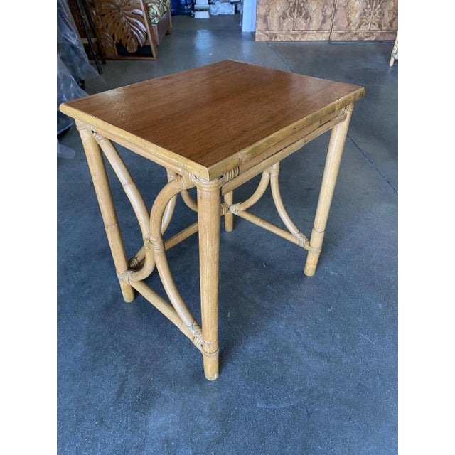 Mid-Century Modern Restored 1950s "Hour Glass" Rattan Side Table With Acacia Koa Wood Top For Sale - Image 3 of 10
