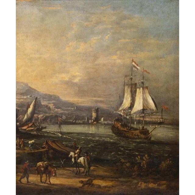 Circle of salvatore rosa "port view" 18th century oil on canvas. Recovered. Grid label from screen supplier james bourlet...