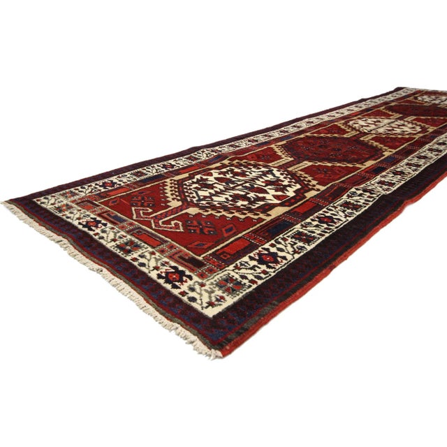 Vintage Persian Heriz Runner, Hallway Runner with Tudor Manor House Style 03'02 x 11'03. This hand-knotted wool vintage...