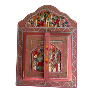 Vintage Folk Art Painted Wood Mirror Hand Painted Floral Motif 9.5 Inch Wall Mirror For Sale