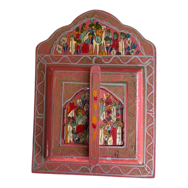 Vintage Folk Art Painted Wood Mirror Hand Painted Floral Motif 9.5 Inch Wall Mirror For Sale