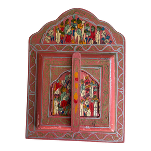 Vintage Folk Art Painted Wood Mirror Hand Painted Floral Motif 9.5 Inch Wall Mirror