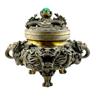 Antique Chinese Bronze Censer With Jade Orb Finial – Dragon Temple Incense Burner For Sale