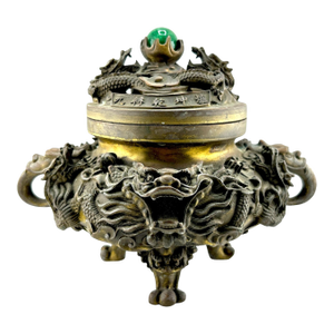 Antique Chinese Bronze Censer With Jade Orb Finial – Dragon Temple Incense Burner