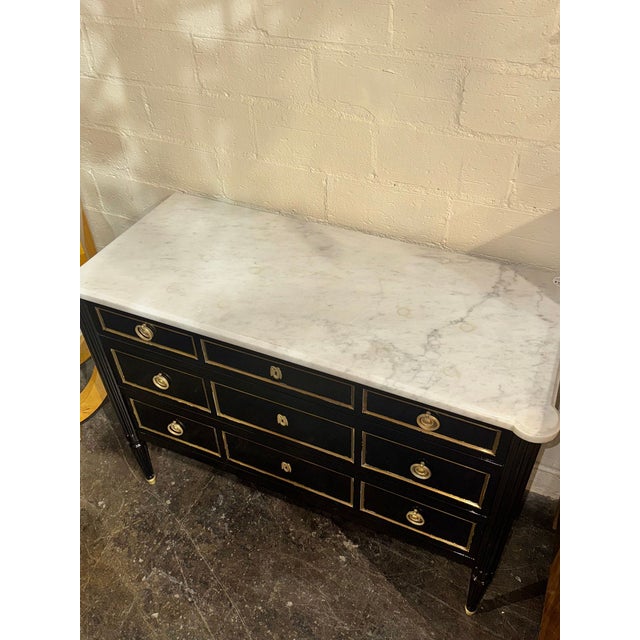 Wood Vintage French Louis XVI Jansen Style Black Lacquered Chest For Sale - Image 7 of 13