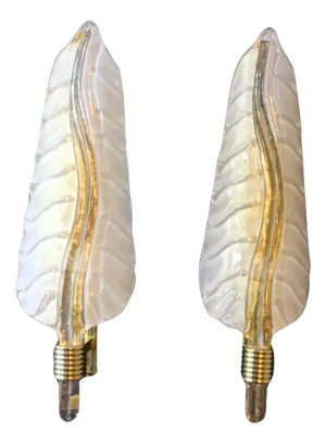 White and Gold Murano Glass Wall Lights in the Shape of Leaves, Set of 2