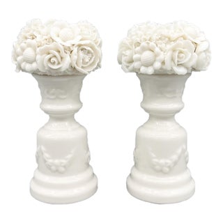 Vintage White Porcelain Floral Topiary Urn Candlestick Holders – Romantic Neoclassical / Cottagecore - Flower Bouquet For Sale