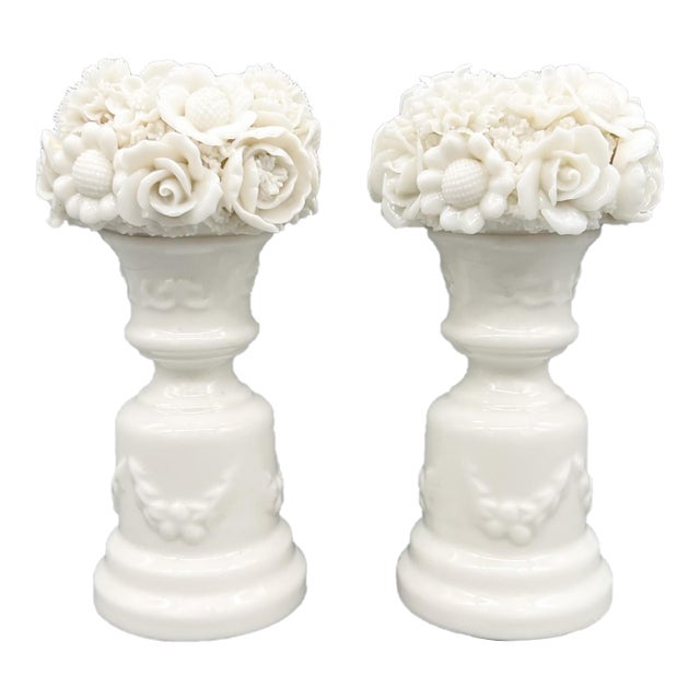 Vintage White Porcelain Floral Topiary Urn Candlestick Holders – Romantic Neoclassical / Cottagecore - Flower Bouquet For Sale