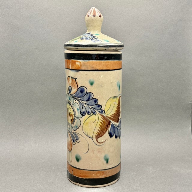 Mexican Vintage Cat Tonalá Mexico Hand Painted Floral Ceramic Lidded Canister For Sale - Image 3 of 8