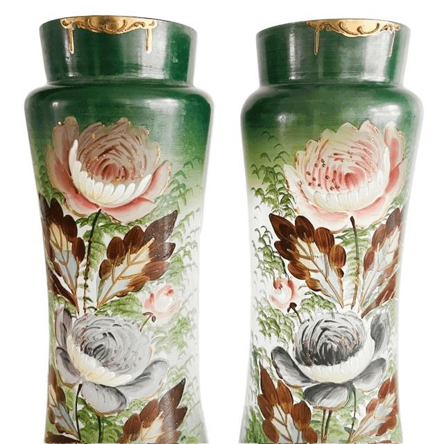 Antique Victorian Art Nouveau Gilded Gold Hand-Painted Flowers Green Glass Vases, 1900s, Set of 2 For Sale - Image 4 of 6