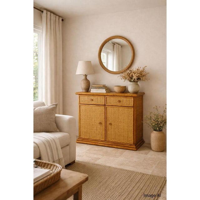 French Rattan & Elm Buffet Cabinet, 1970s For Sale - Image 3 of 13
