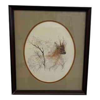 Vintage Original Wood Framed and Signed Deer and Tree Artwork. For Sale
